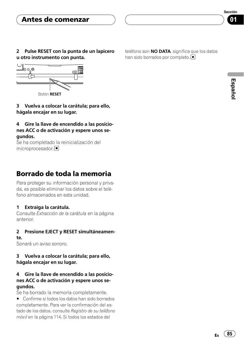 Borrado de toda la memoria, Antes de comenzar | Pioneer DEH-P55BT User Manual | Page 85 / 162