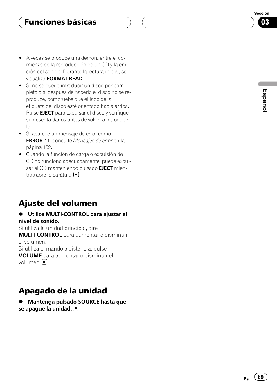 Ajuste del volumen, Apagado de la unidad, Funciones básicas | Pioneer DEH-P55BT User Manual | Page 89 / 162