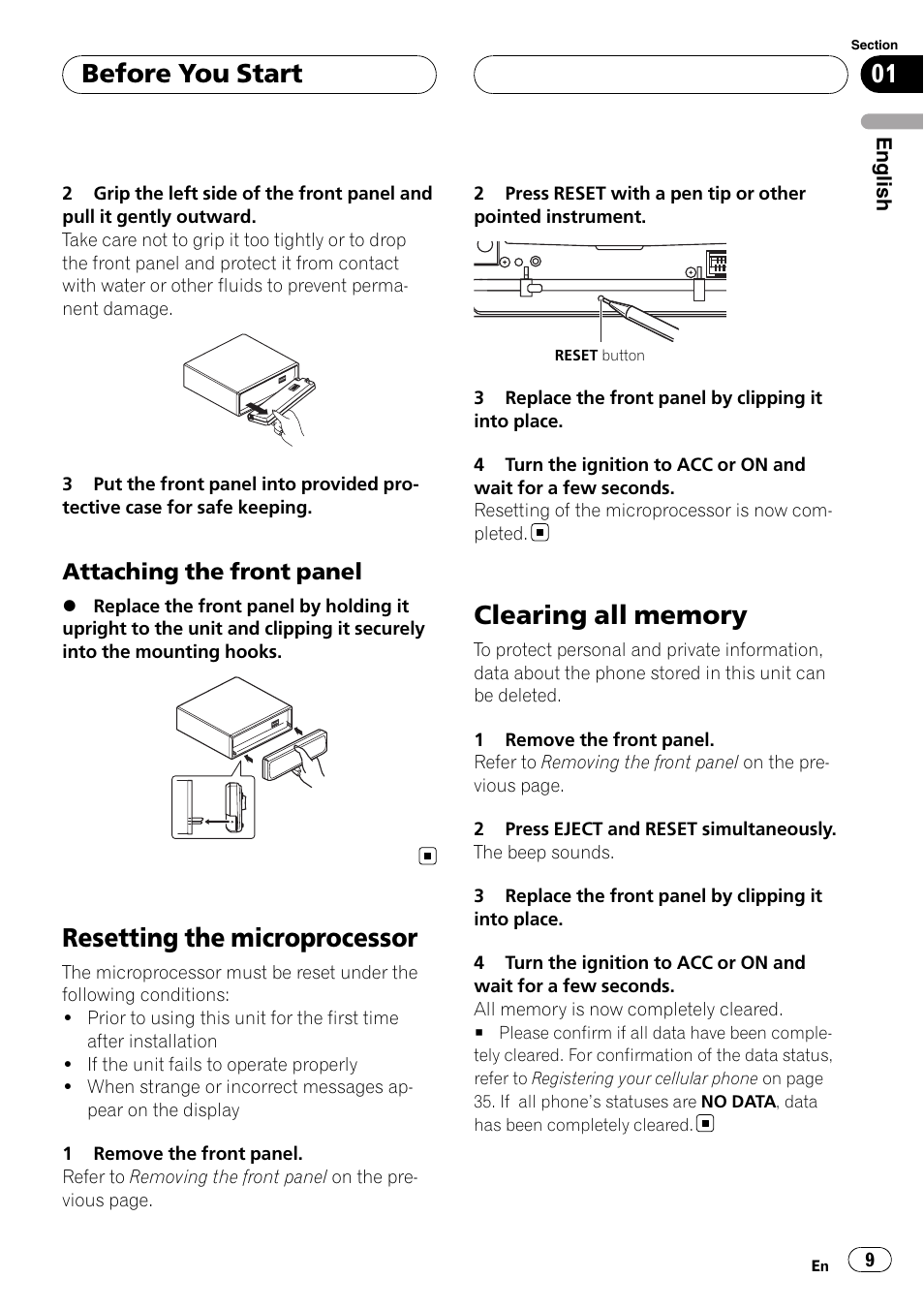 Attaching the front panel 9, Resetting the microprocessor, Clearing all memory | Before you start, Attaching the front panel | Pioneer DEH-P55BT User Manual | Page 9 / 162