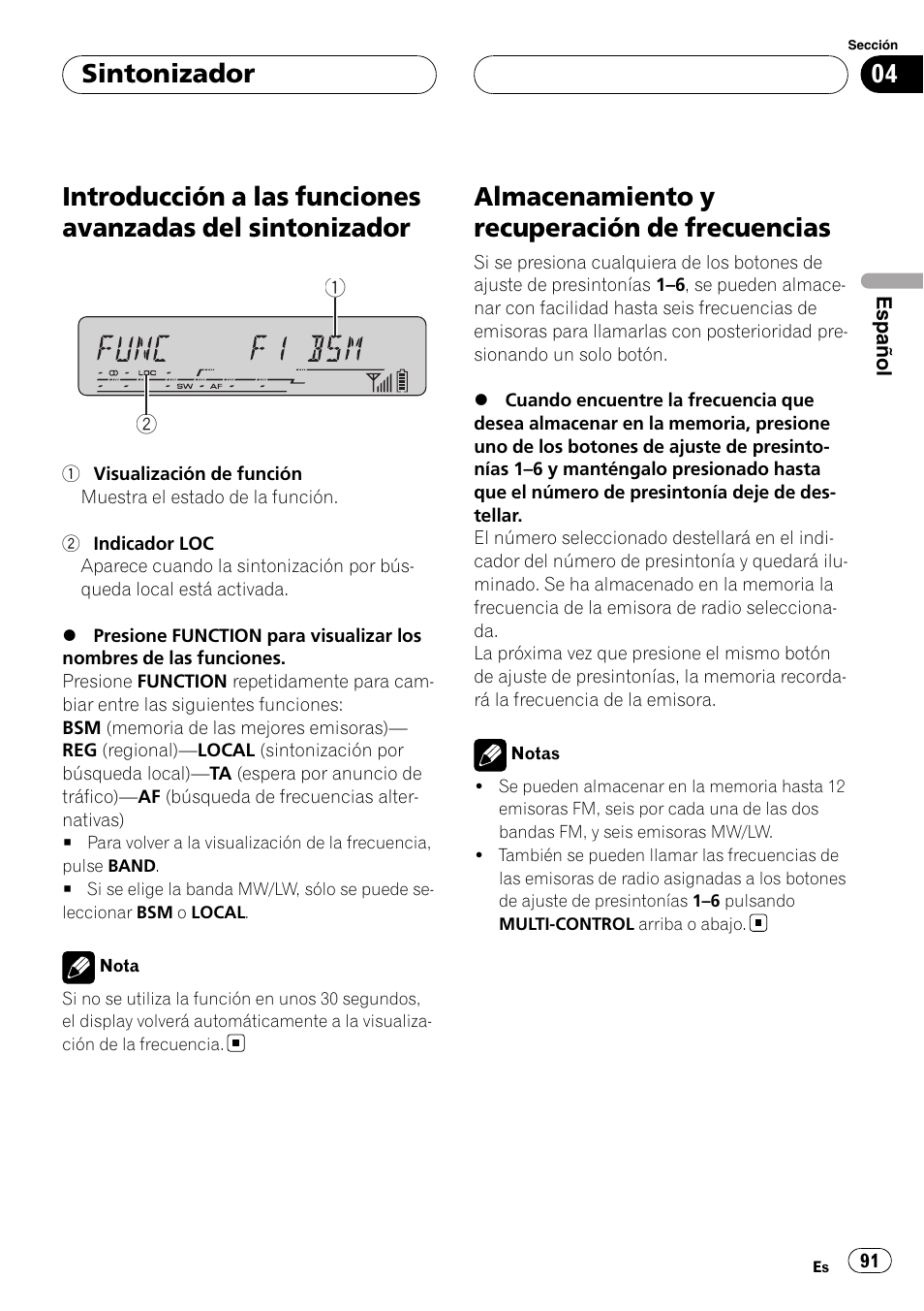 Introducción a las funciones avanzadas del, Sintonizador, Almacenamiento y recuperación de | Frecuencias, Almacenamiento y recuperación de frecuencias | Pioneer DEH-P55BT User Manual | Page 91 / 162