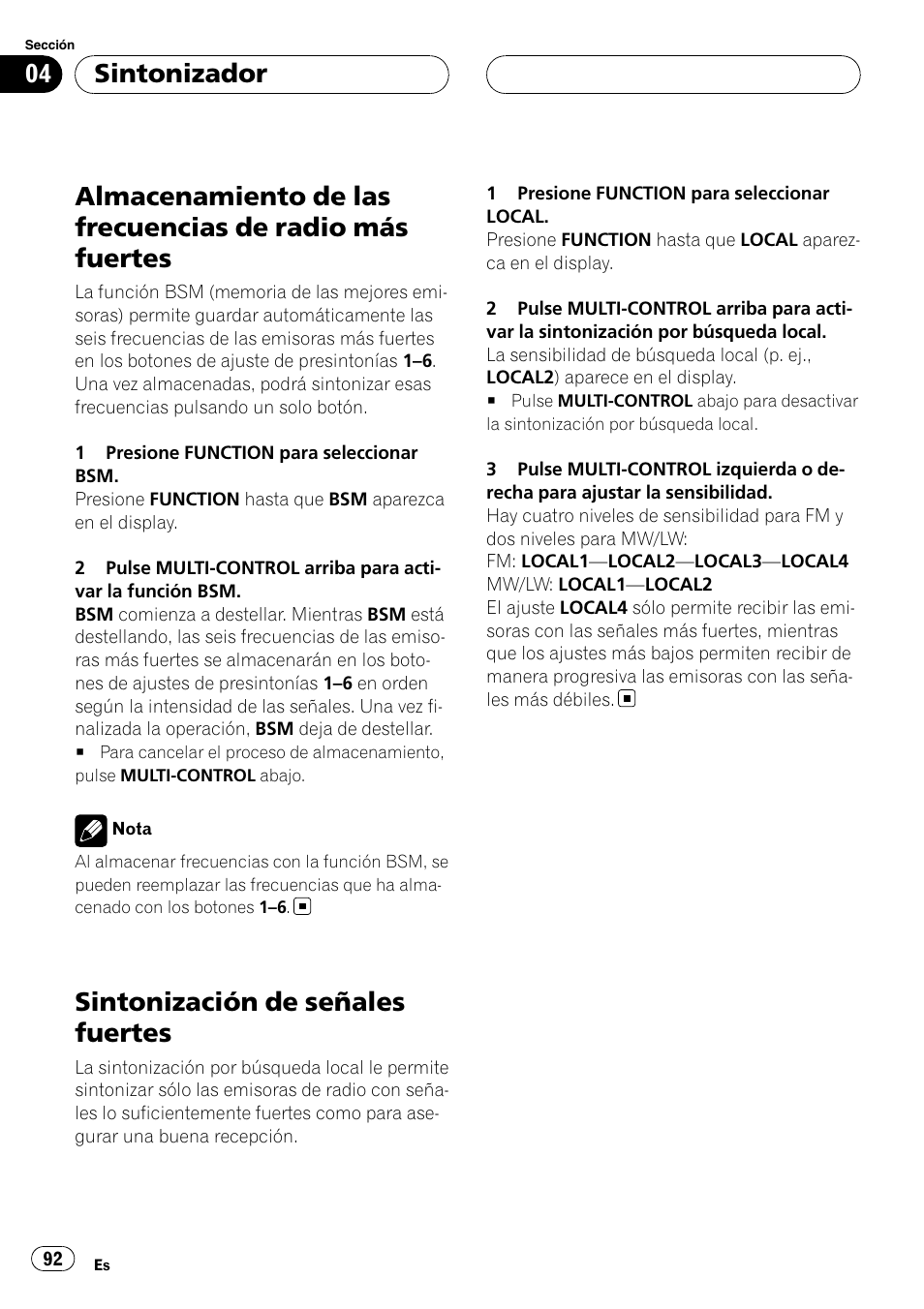 Almacenamiento de las frecuencias de radio, Más fuertes, Sintonización de señales fuertes | Sintonizador | Pioneer DEH-P55BT User Manual | Page 92 / 162