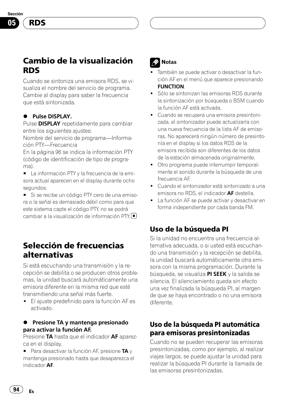 Cambio de la visualización rds, Selección de frecuencias alternativas, Uso de la búsqueda pi 94 | Uso de la búsqueda pi automática para, Emisoras presintonizadas, Uso de la búsqueda pi | Pioneer DEH-P55BT User Manual | Page 94 / 162