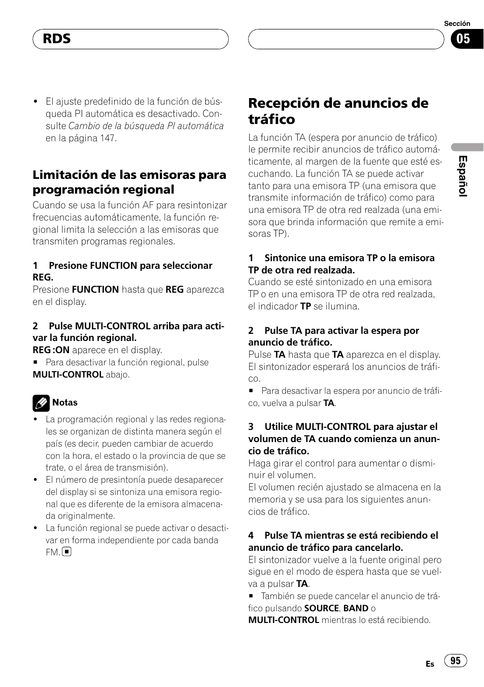 Limitación de las emisoras para, Programación regional, Recepción de anuncios de tráfico | Pioneer DEH-P55BT User Manual | Page 95 / 162