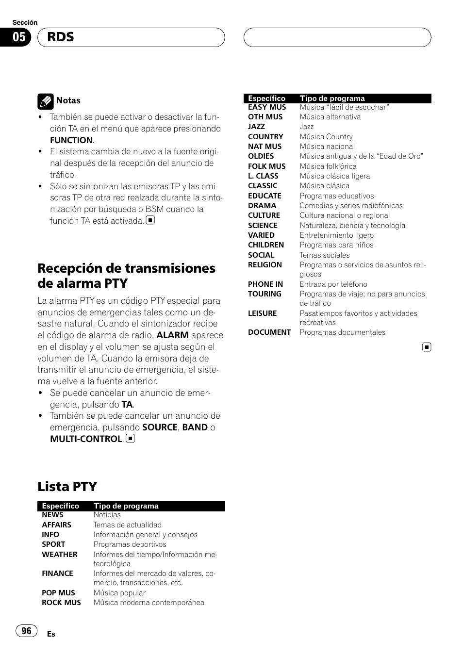 Recepción de transmisiones de alarma, Lista pty, Recepción de transmisiones de alarma pty | Pioneer DEH-P55BT User Manual | Page 96 / 162