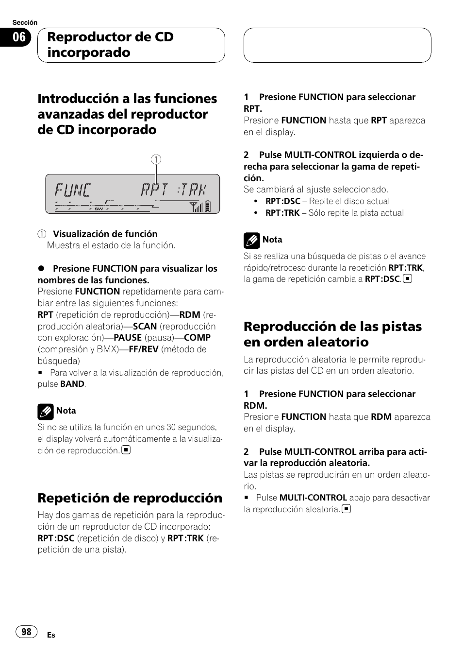 Introducción a las funciones avanzadas del, Reproductor de cd incorporado, Repetición de reproducción | Reproducción de las pistas en orden, Aleatorio, Reproducción de las pistas en orden aleatorio | Pioneer DEH-P55BT User Manual | Page 98 / 162