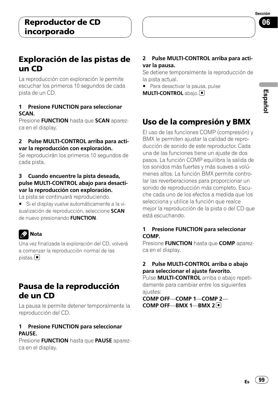 Exploración de las pistas de un cd, Pausa de la reproducción de un cd, Uso de la compresión y bmx | Reproductor de cd incorporado | Pioneer DEH-P55BT User Manual | Page 99 / 162