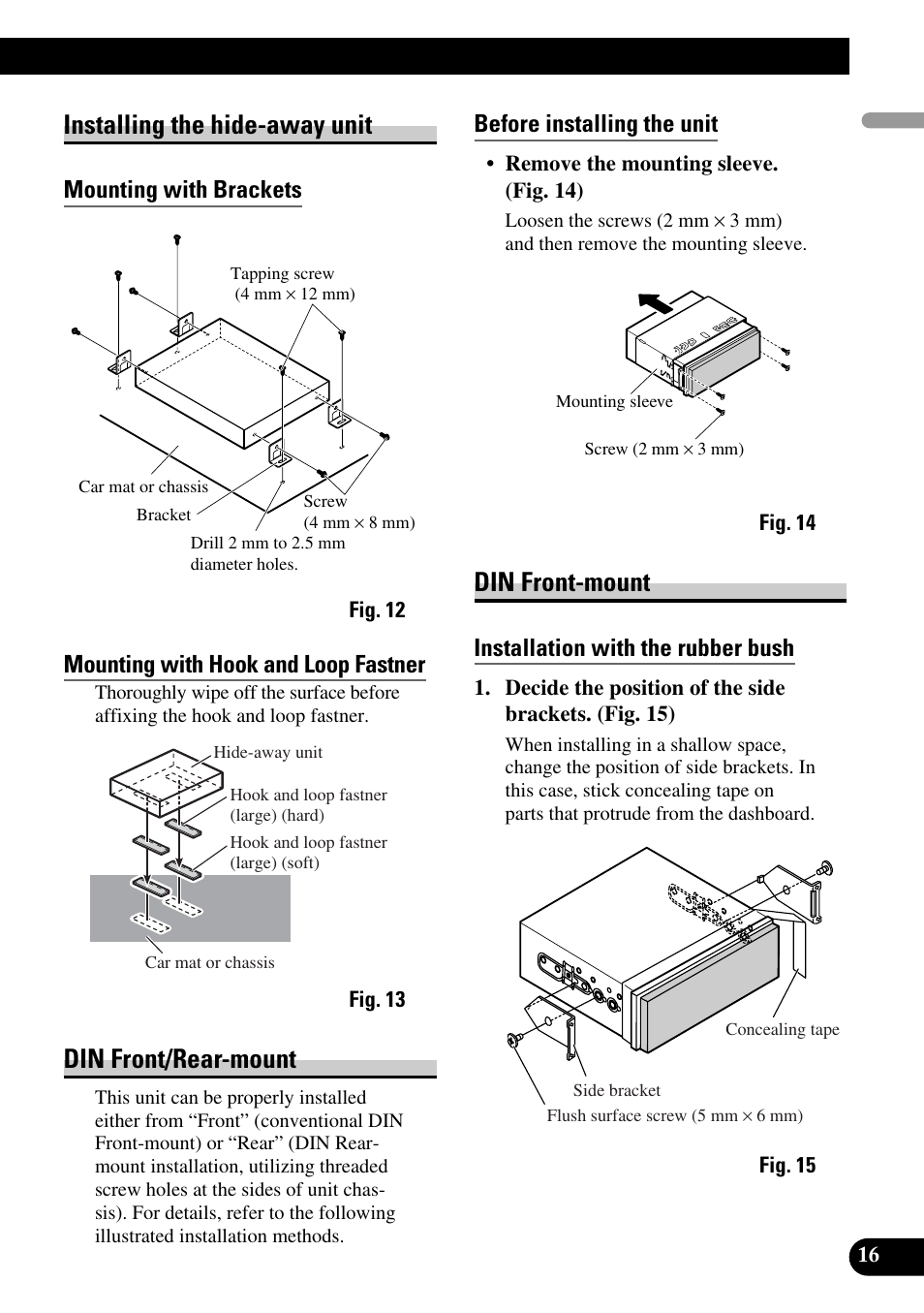 Installing the hide-away unit, Din front/rear-mount, Din front-mount | Pioneer Super Tuner III D+ AVH-P7950DVD User Manual | Page 17 / 38