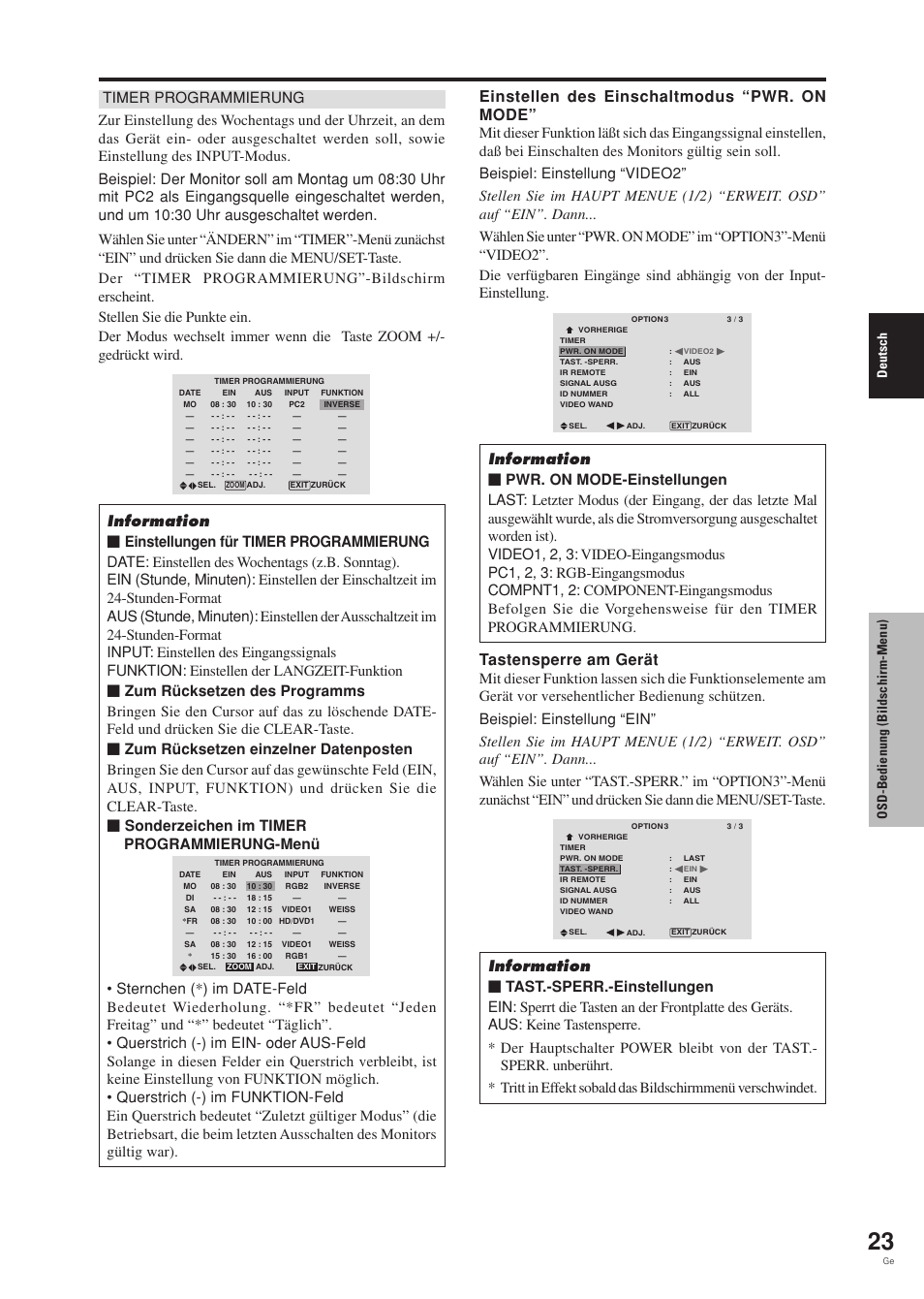 Einstellen des einschaltmodus “pwr. on mode, Tastensperre am gerät, Deutsch | Osd-bedienung (bildschirm-menu) | Pioneer PDP-42MVE1 User Manual | Page 101 / 259