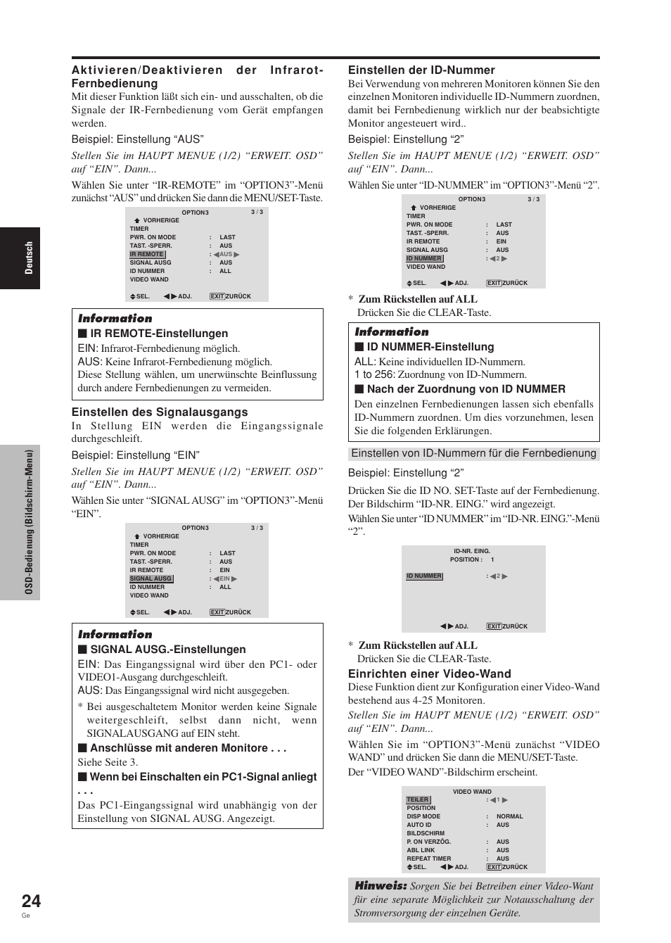 Einstellen des signalausgangs, Einstellen der id-nummer, Einrichten einer video-wand | Deutsch osd-bedienung (bildschirm-menu) | Pioneer PDP-42MVE1 User Manual | Page 102 / 259