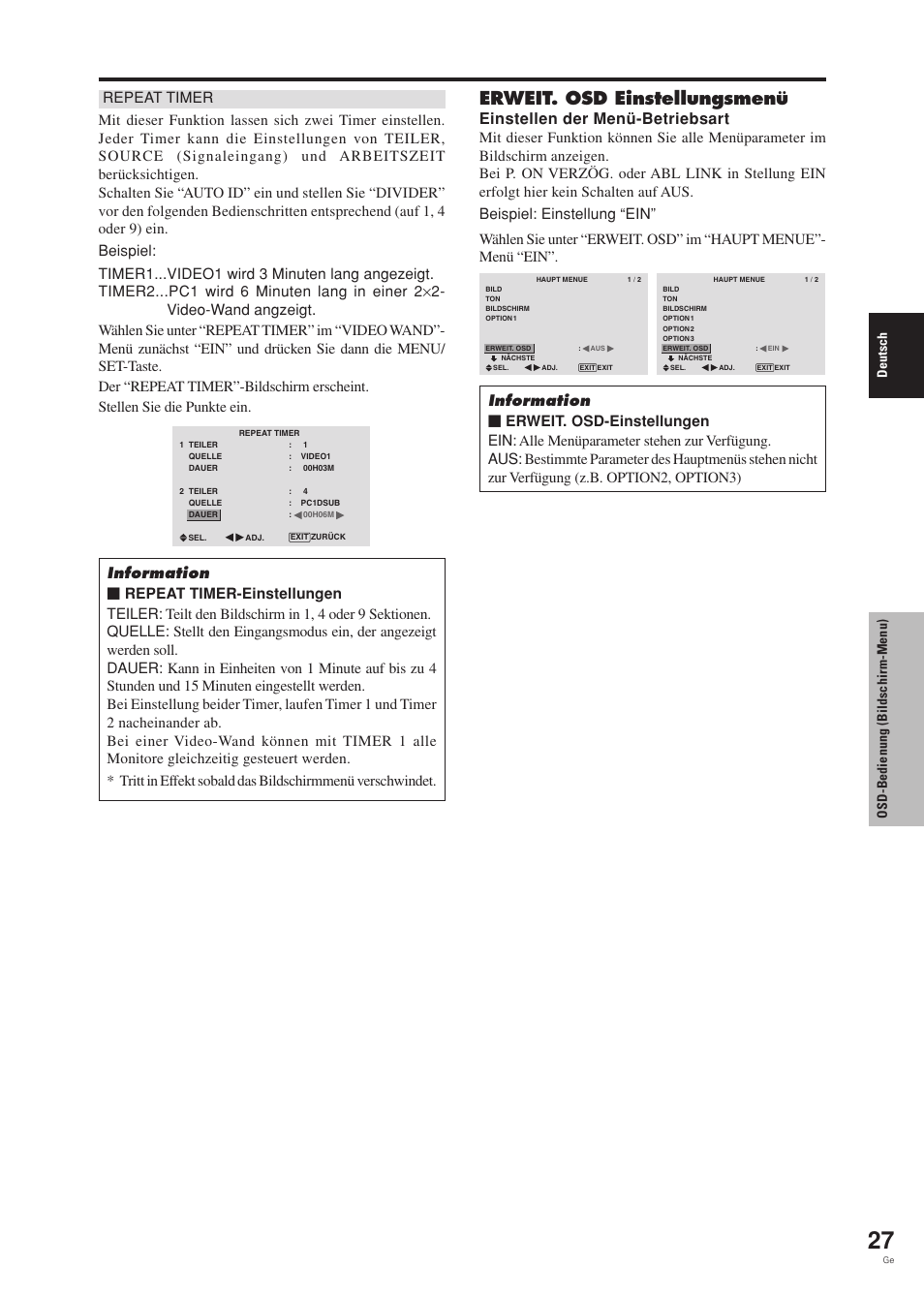 Erweit. osd einstellungsmenü, Einstellen der menü-betriebsart, Deutsch | Osd-bedienung (bildschirm-menu) | Pioneer PDP-42MVE1 User Manual | Page 105 / 259