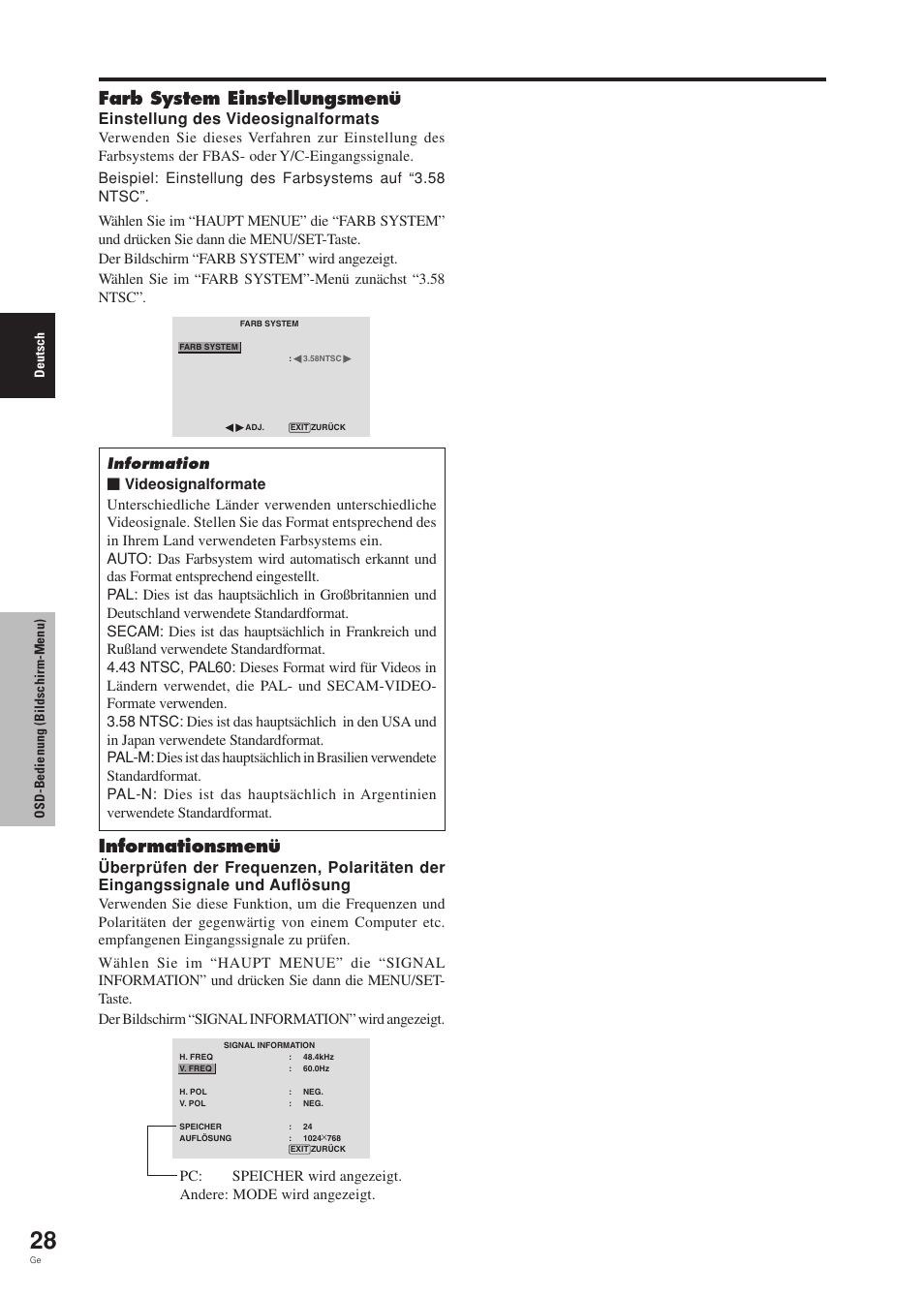 Farb system einstellungsmenü, Informationsmenü, Einstellung des videosignalformats | Pioneer PDP-42MVE1 User Manual | Page 106 / 259