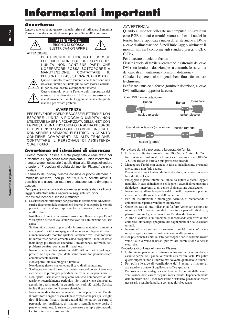 Informazioni importanti, Avvertenze, Avvertenze ed istruzioni di sicurezza | Pioneer PDP-42MVE1 User Manual | Page 113 / 259