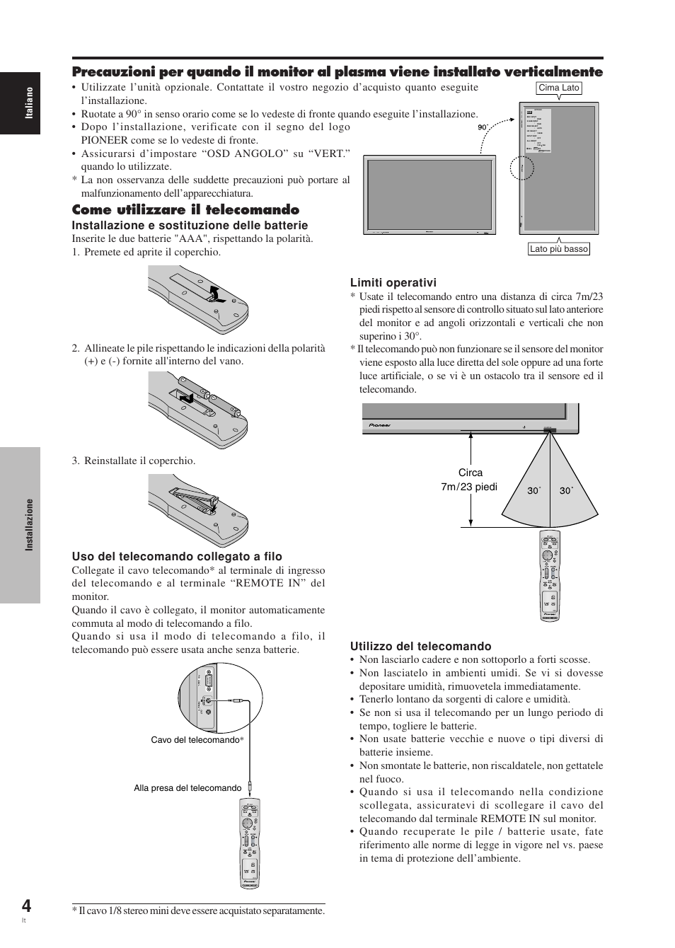 Come utilizzare il telecomando, Installazione e sostituzione delle batterie, Limiti operativi | Utilizzo del telecomando, Uso del telecomando collegato a filo | Pioneer PDP-42MVE1 User Manual | Page 119 / 259