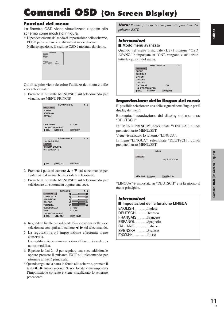 Comandi osd, On screen display), Funzioni del menu | Impostazione della lingua dei menù, Italiano, Comandi osd (on screen display) | Pioneer PDP-42MVE1 User Manual | Page 126 / 259