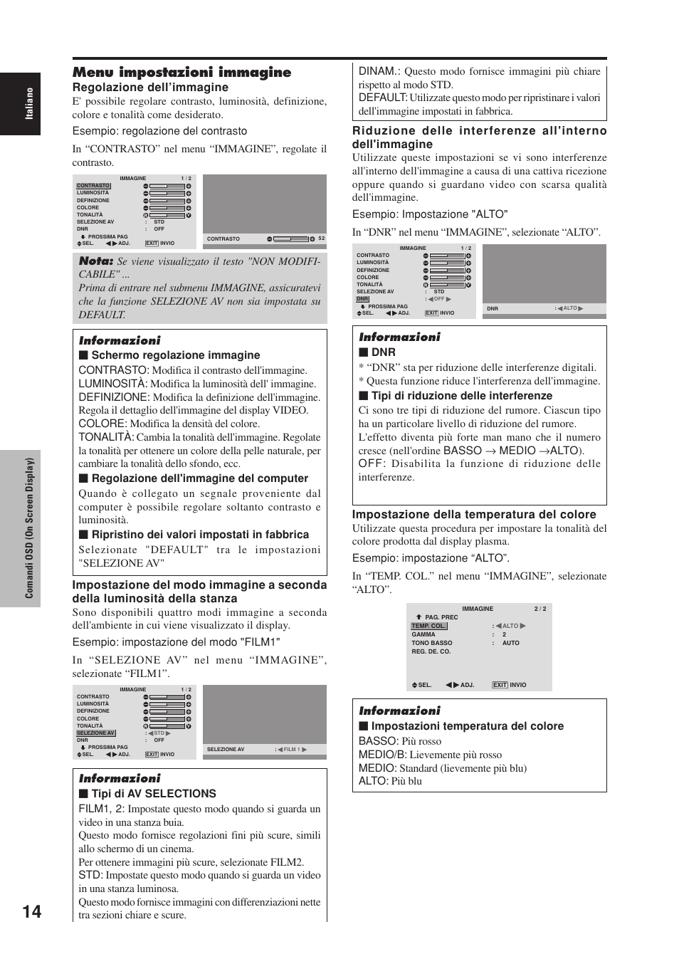 Menu impostazioni immagine, Regolazione dell’immagine, Impostazione della temperatura del colore | Italiano comandi osd (on screen display) | Pioneer PDP-42MVE1 User Manual | Page 129 / 259