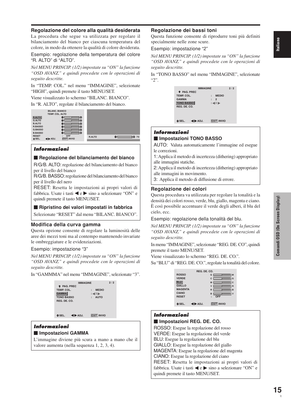 Regolazione del colore alla qualità desiderata, Modifica della curva gamma, Regolazione dei bassi toni | Regolazione dei colori, Italiano, Comandi osd (on screen display) | Pioneer PDP-42MVE1 User Manual | Page 130 / 259