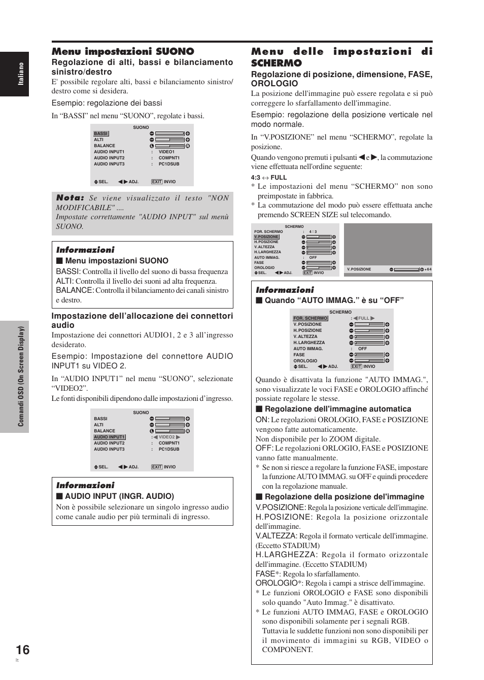 Menu impostazioni suono, Menu delle impostazioni di schermo, Impostazione dell’allocazione dei connettori audio | Informazioni Ⅵ quando “auto immag.” è su “off | Pioneer PDP-42MVE1 User Manual | Page 131 / 259