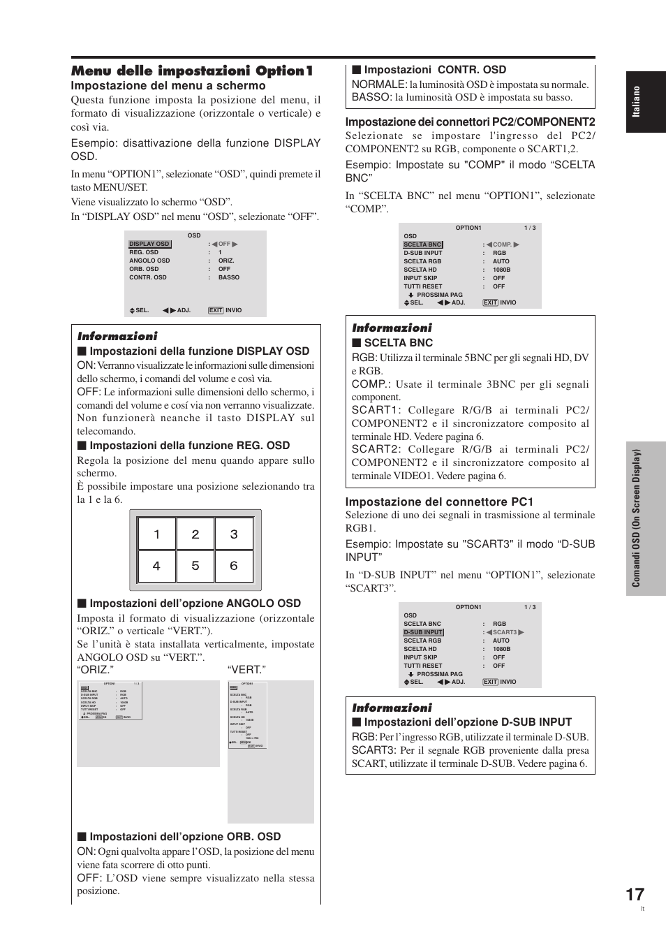 Menu delle impostazioni option1, Impostazione dei connettori pc2/component2, Impostazione del connettore pc1 | Italiano, Comandi osd (on screen display) | Pioneer PDP-42MVE1 User Manual | Page 132 / 259