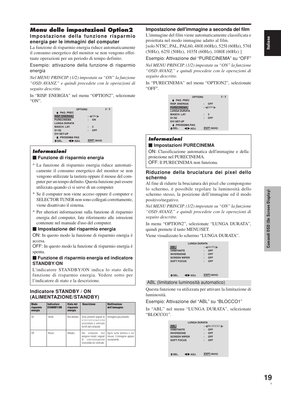 Menu delle impostazioni option2, Riduzione della bruciatura dei pixel dello schermo, Italiano | Comandi osd (on screen display) | Pioneer PDP-42MVE1 User Manual | Page 134 / 259