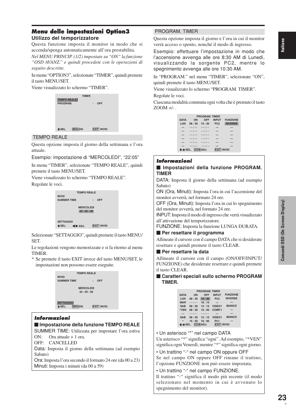 Menu delle impostazioni option3, Utilizzo del temporizzatore, Italiano | Comandi osd (on screen display) | Pioneer PDP-42MVE1 User Manual | Page 138 / 259