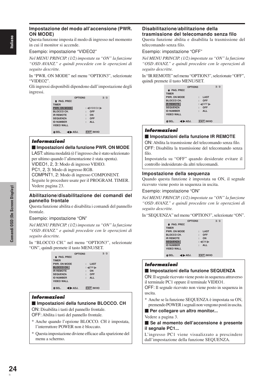 Impostazione della sequenza, Italiano comandi osd (on screen display) | Pioneer PDP-42MVE1 User Manual | Page 139 / 259