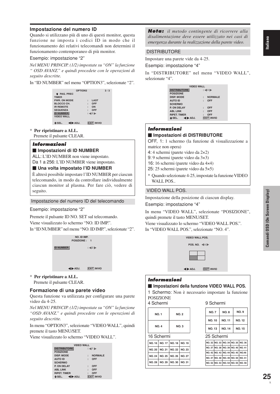 Impostazione del numero id, Formazione di una parete video, Per ripristinare a all. premete il pulsante clear | Italiano, Comandi osd (on screen display) | Pioneer PDP-42MVE1 User Manual | Page 140 / 259