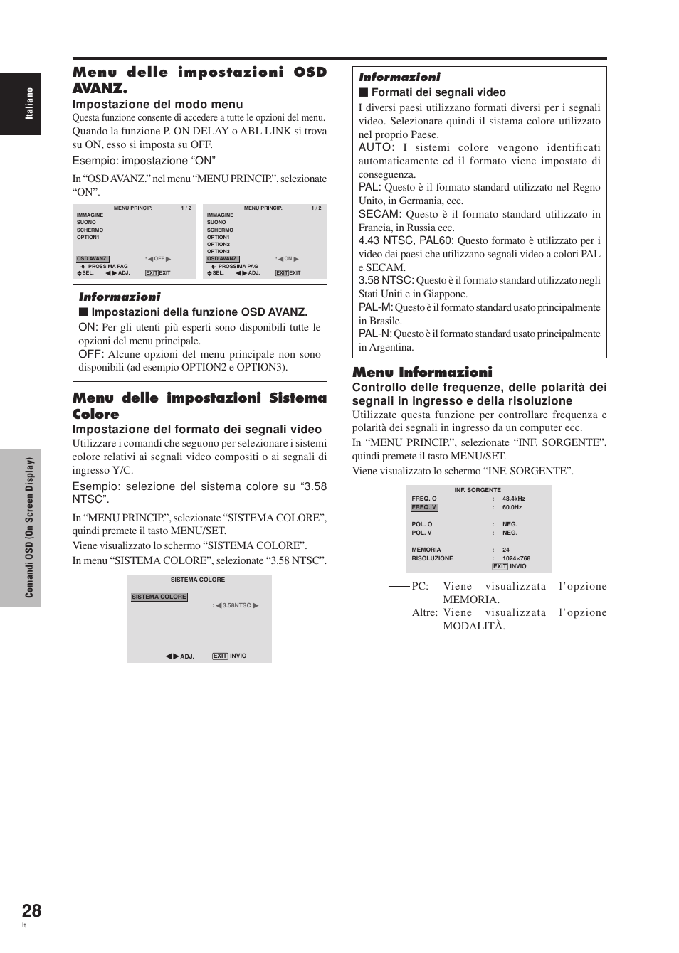 Menu delle impostazioni sistema colore, Menu informazioni, Menu delle impostazioni osd avanz | Impostazione del formato dei segnali video, Impostazione del modo menu, Italiano comandi osd (on screen display) | Pioneer PDP-42MVE1 User Manual | Page 143 / 259