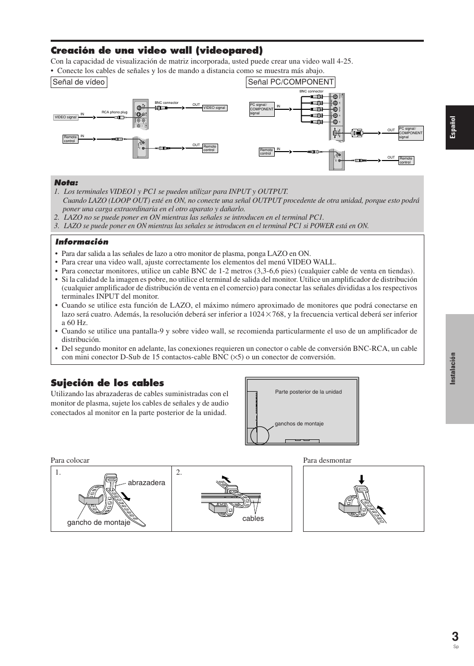 Creación de una video wall (videopared), Sujeción de los cables | Pioneer PDP-42MVE1 User Manual | Page 155 / 259