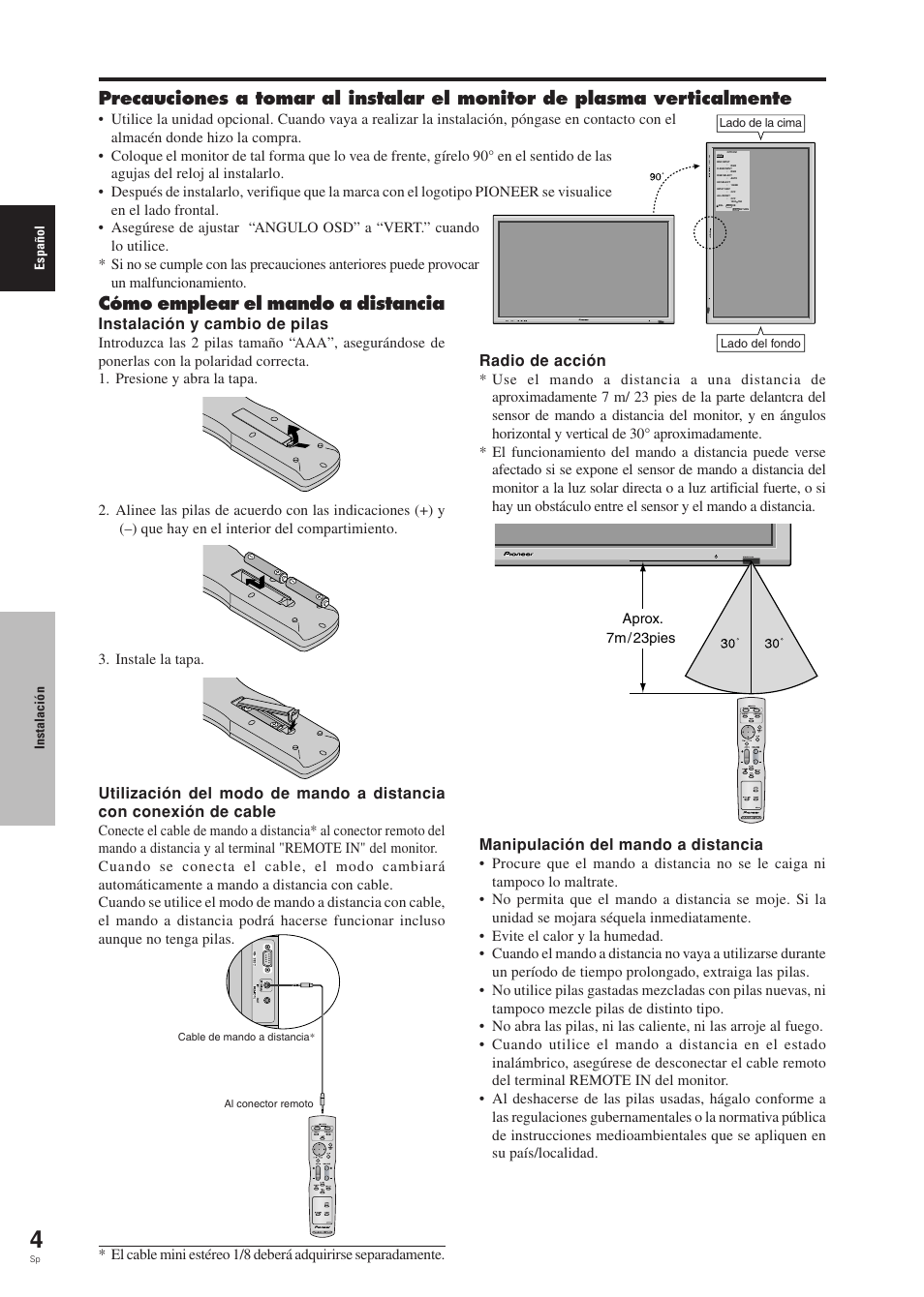 Cómo emplear el mando a distancia, Instalación y cambio de pilas, Radio de acción | Manipulación del mando a distancia | Pioneer PDP-42MVE1 User Manual | Page 156 / 259