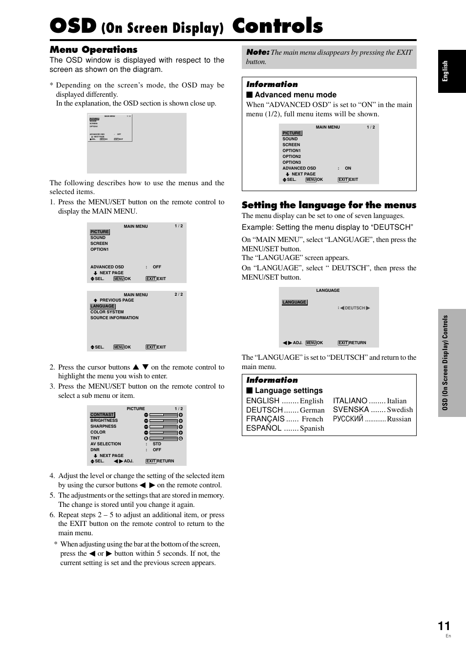 Controls, On screen display), Menu operations | Setting the language for the menus | Pioneer PDP-42MVE1 User Manual | Page 16 / 259