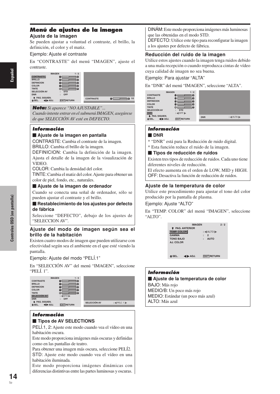 Menú de ajustes de la imagen, Ajuste de la imagen, Reducción del ruido de la imagen | Ajuste de la temperatura de color, Espa ñ ol, Controles osd (en pantalla) | Pioneer PDP-42MVE1 User Manual | Page 166 / 259