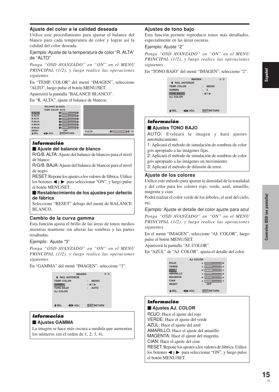 Ajuste del color a la calidad deseada, Cambio de la curva gamma, Ajustes de tono bajo | Ajuste de los colores, Espa ñ ol, Controles osd (en pantalla) | Pioneer PDP-42MVE1 User Manual | Page 167 / 259