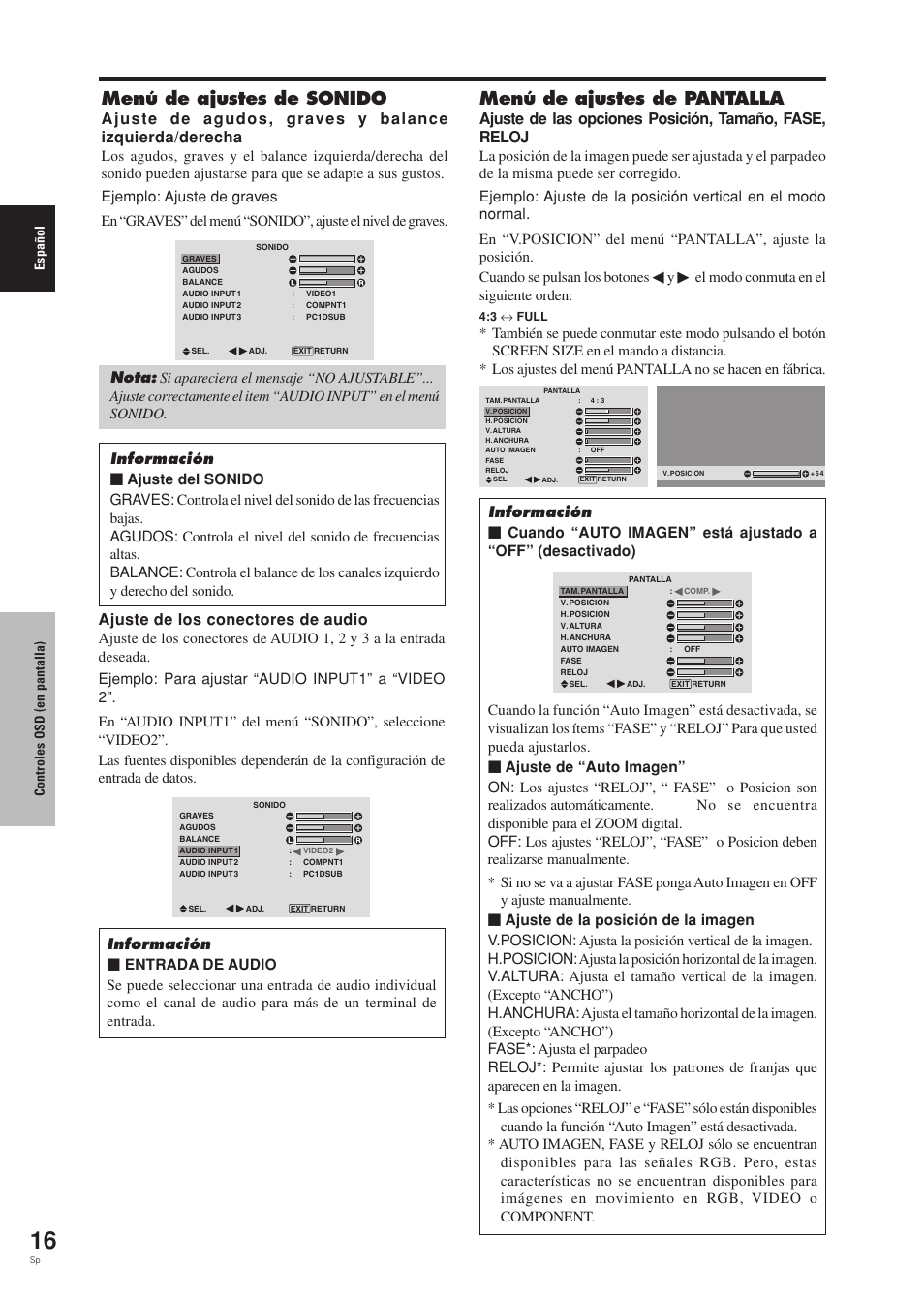 Menú de ajustes de sonido, Menú de ajustes de pantalla, Ajuste de los conectores de audio | El modo conmuta en el siguiente orden | Pioneer PDP-42MVE1 User Manual | Page 168 / 259