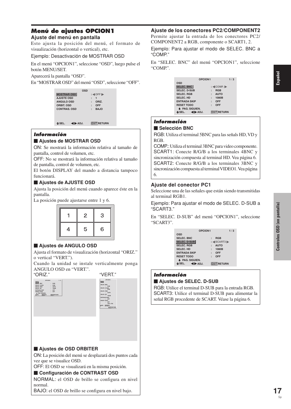 Menú de ajustes opcion1, Ajuste del menú en pantalla, Ajuste del conector pc1 | Ajuste de los conectores pc2/component2, Espa ñ ol, Controles osd (en pantalla) | Pioneer PDP-42MVE1 User Manual | Page 169 / 259