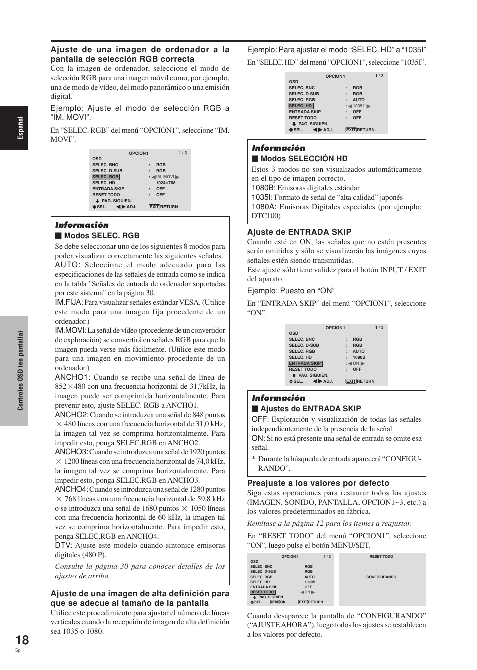 Ajuste de entrada skip, Preajuste a los valores por defecto, Espa ñ ol controles osd (en pantalla) | Pioneer PDP-42MVE1 User Manual | Page 170 / 259