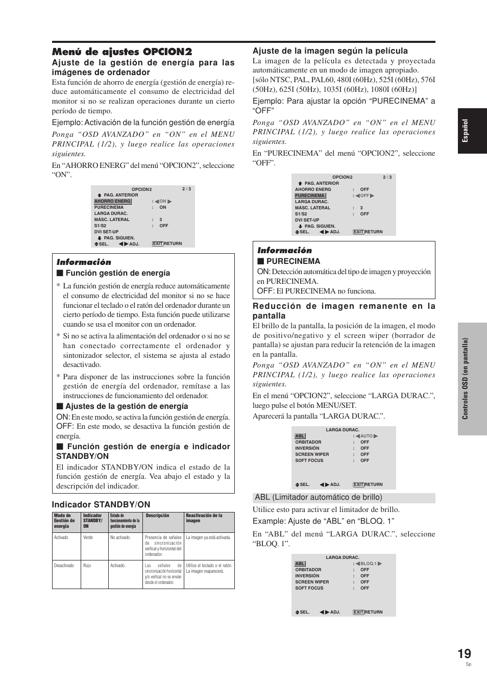 Menú de ajustes opcion2, Reducción de imagen remanente en la pantalla, Espa ñ ol | Controles osd (en pantalla) | Pioneer PDP-42MVE1 User Manual | Page 171 / 259