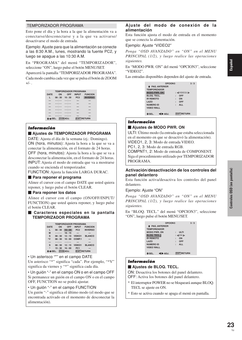 Espa ñ ol, Controles osd (en pantalla) | Pioneer PDP-42MVE1 User Manual | Page 175 / 259