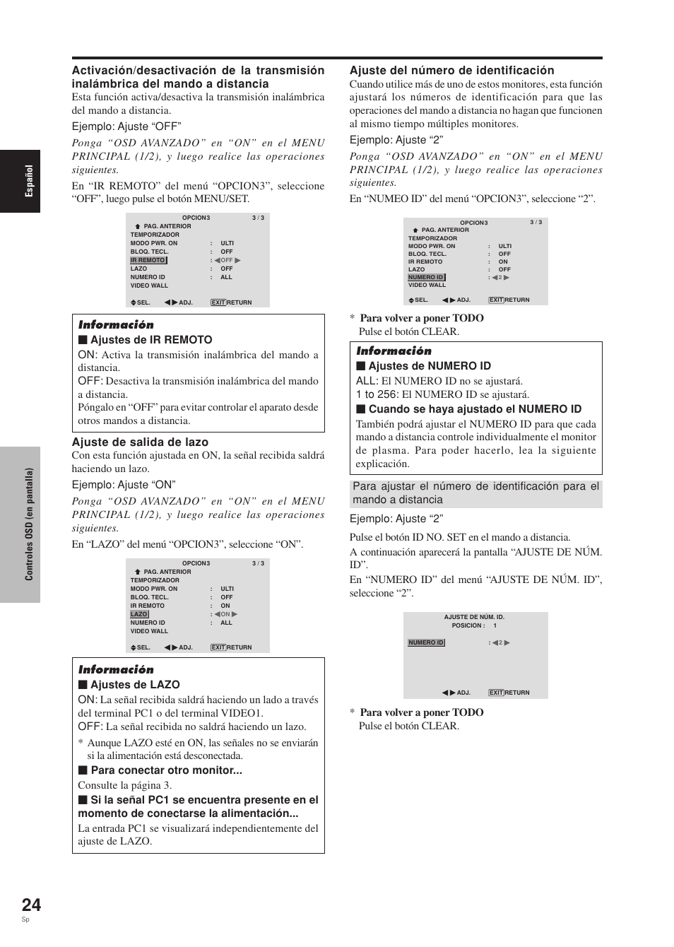 Ajuste de salida de lazo, Ajuste del número de identificación, Para volver a poner todo pulse el botón clear | Espa ñ ol controles osd (en pantalla) | Pioneer PDP-42MVE1 User Manual | Page 176 / 259