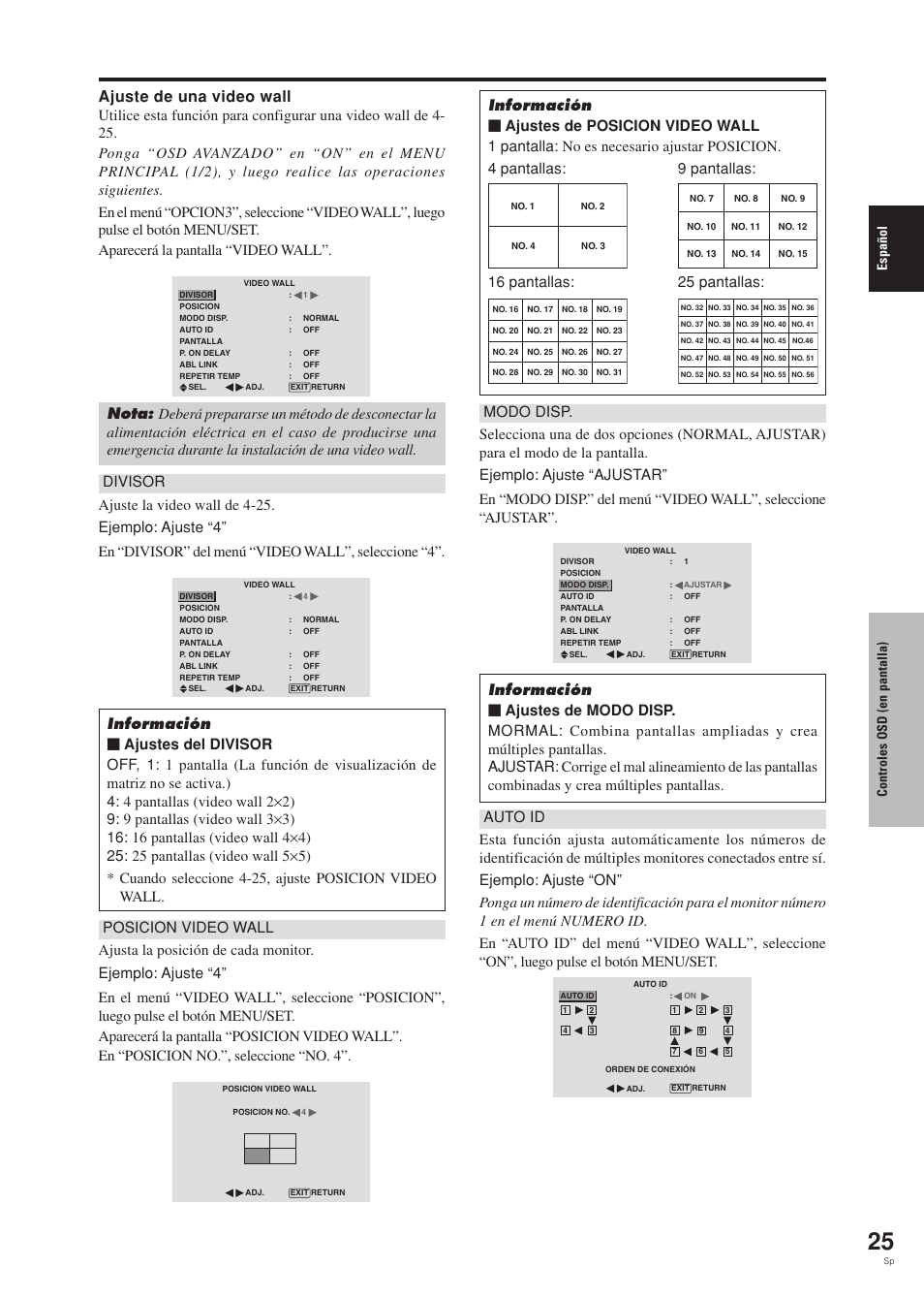 Ajuste de una video wall, Espa ñ ol, Controles osd (en pantalla) | Pioneer PDP-42MVE1 User Manual | Page 177 / 259