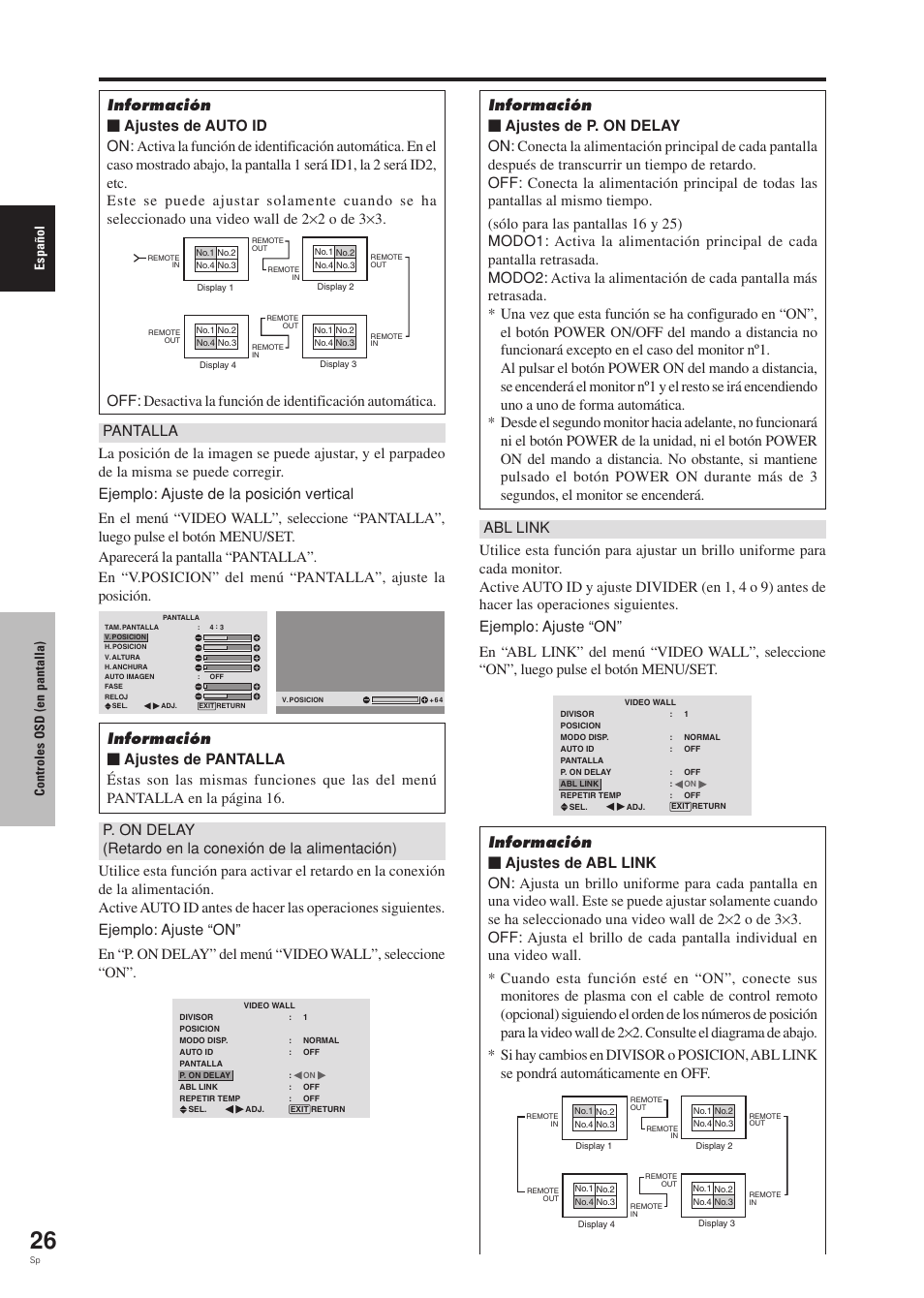 Espa ñ ol controles osd (en pantalla) | Pioneer PDP-42MVE1 User Manual | Page 178 / 259