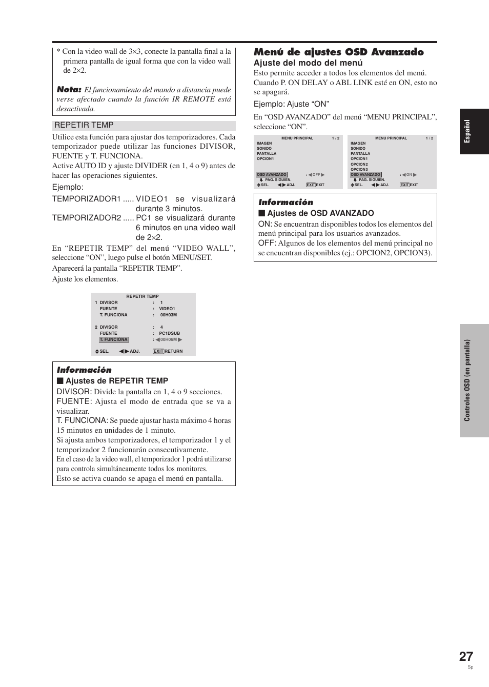 Menú de ajustes osd avanzado, Ajuste del modo del menú, Espa ñ ol | Controles osd (en pantalla) | Pioneer PDP-42MVE1 User Manual | Page 179 / 259