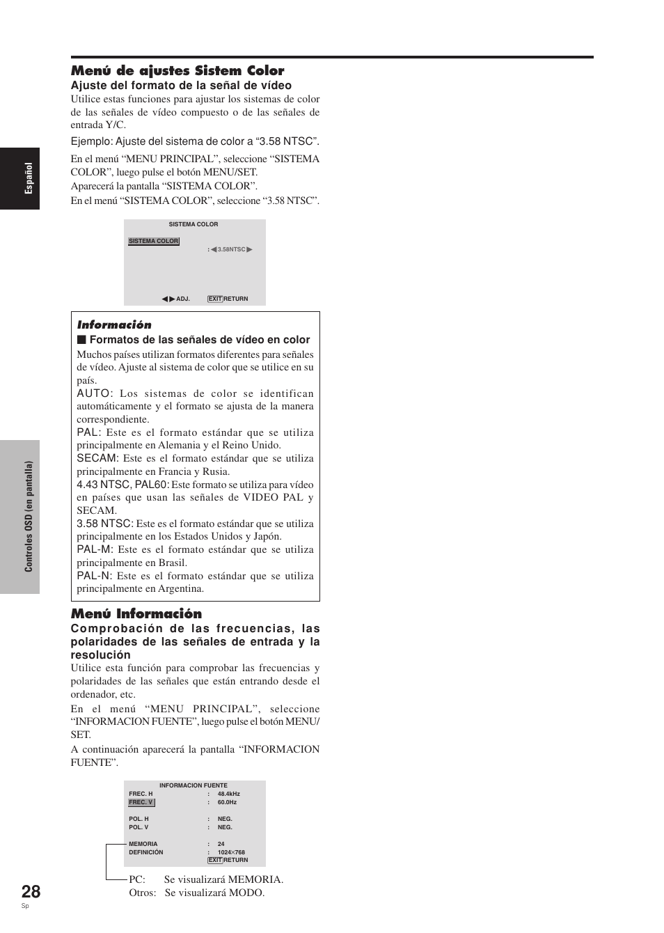 Menú de ajustes sistem color, Menú información, Ajuste del formato de la señal de vídeo | Pioneer PDP-42MVE1 User Manual | Page 180 / 259