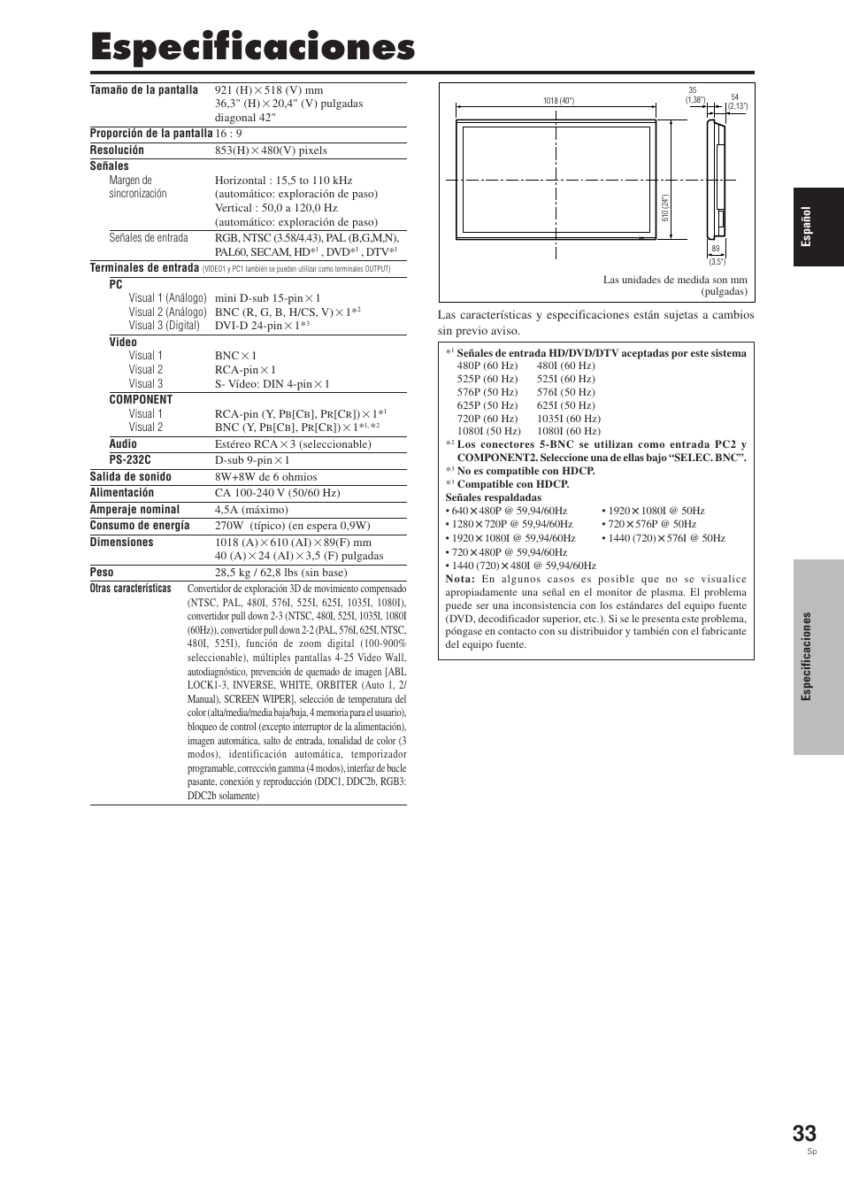 Especificaciones | Pioneer PDP-42MVE1 User Manual | Page 185 / 259