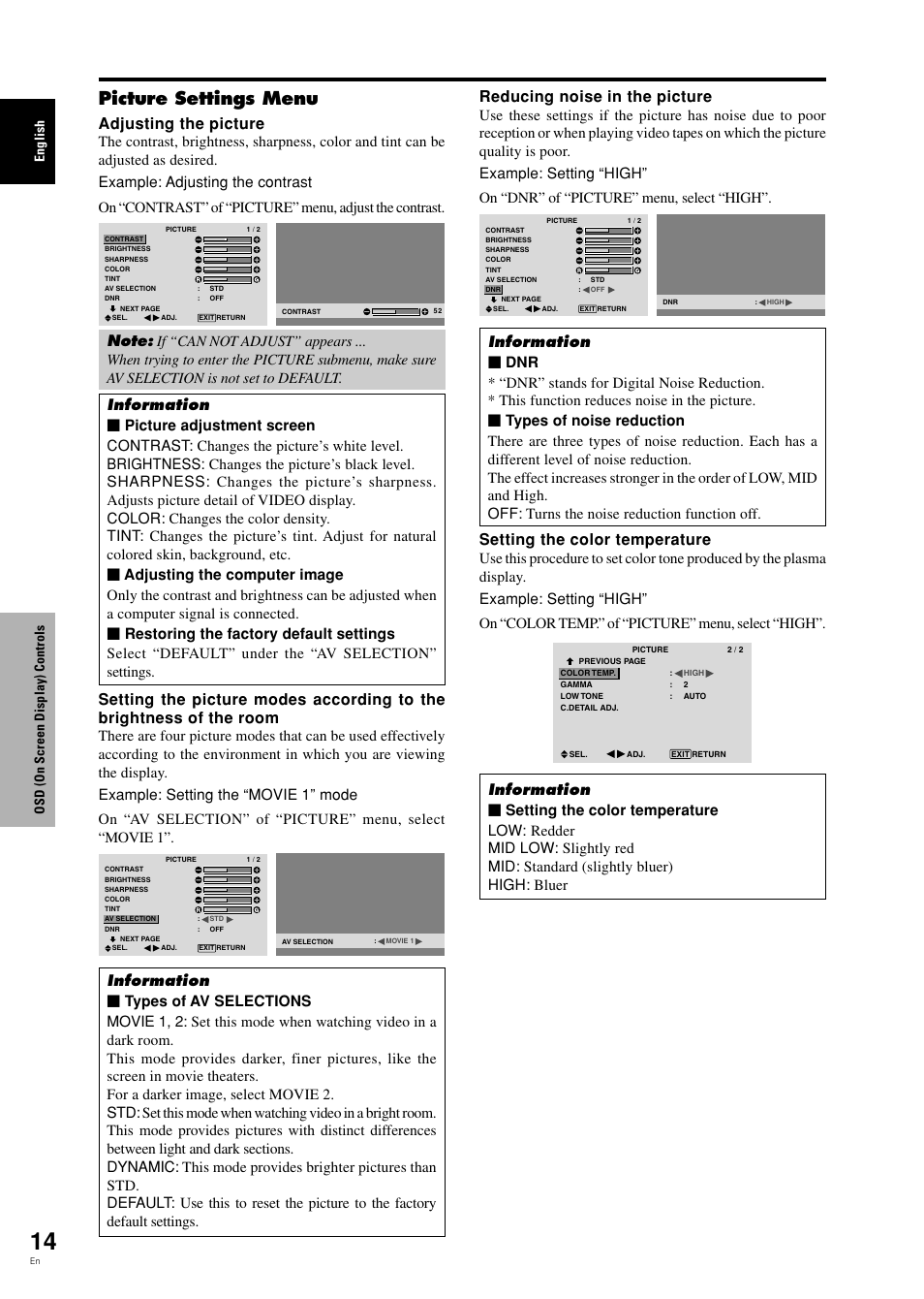 Picture settings menu, Adjusting the picture, Reducing noise in the picture | Setting the color temperature, English osd (on screen display) controls | Pioneer PDP-42MVE1 User Manual | Page 19 / 259