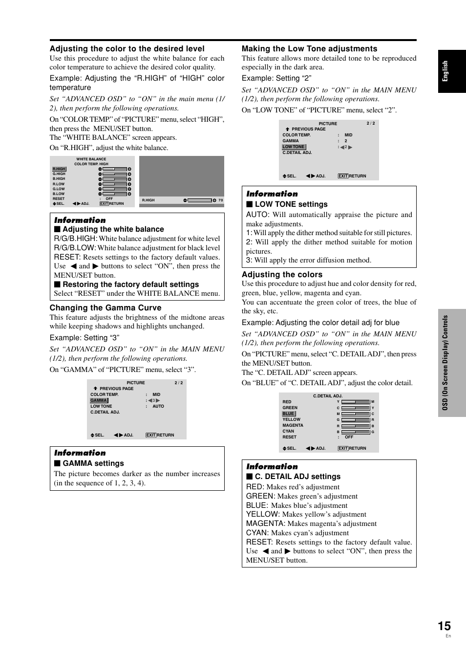 Adjusting the color to the desired level, Changing the gamma curve, Making the low tone adjustments | Adjusting the colors, English osd (on screen display) controls | Pioneer PDP-42MVE1 User Manual | Page 20 / 259