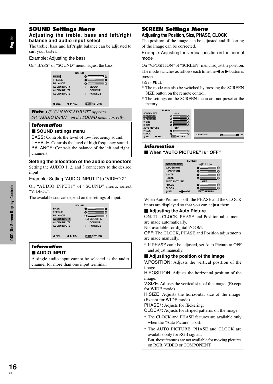 Sound settings menu, Screen settings menu, Setting the allocation of the audio connectors | Adjusting the position, size, phase, clock, Button is pressed, Information Ⅵ when “auto picture” is “off | Pioneer PDP-42MVE1 User Manual | Page 21 / 259