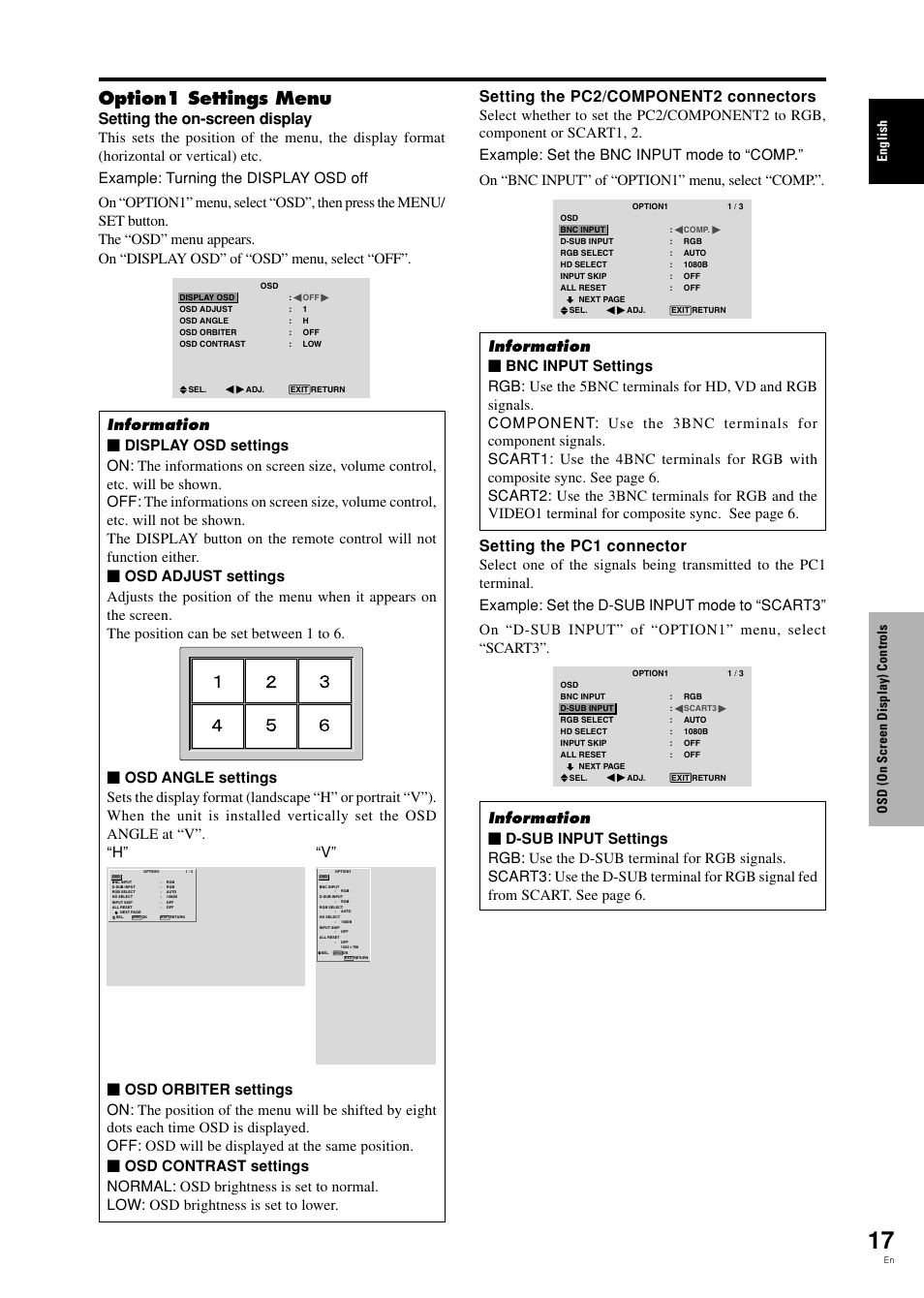 Option1 settings menu, Setting the on-screen display, Setting the pc2/component2 connectors | Setting the pc1 connector, English osd (on screen display) controls | Pioneer PDP-42MVE1 User Manual | Page 22 / 259