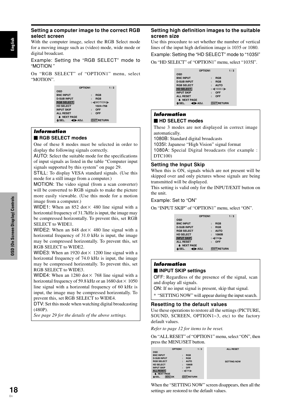 Setting the input skip, Resetting to the default values, English osd (on screen display) controls | Pioneer PDP-42MVE1 User Manual | Page 23 / 259