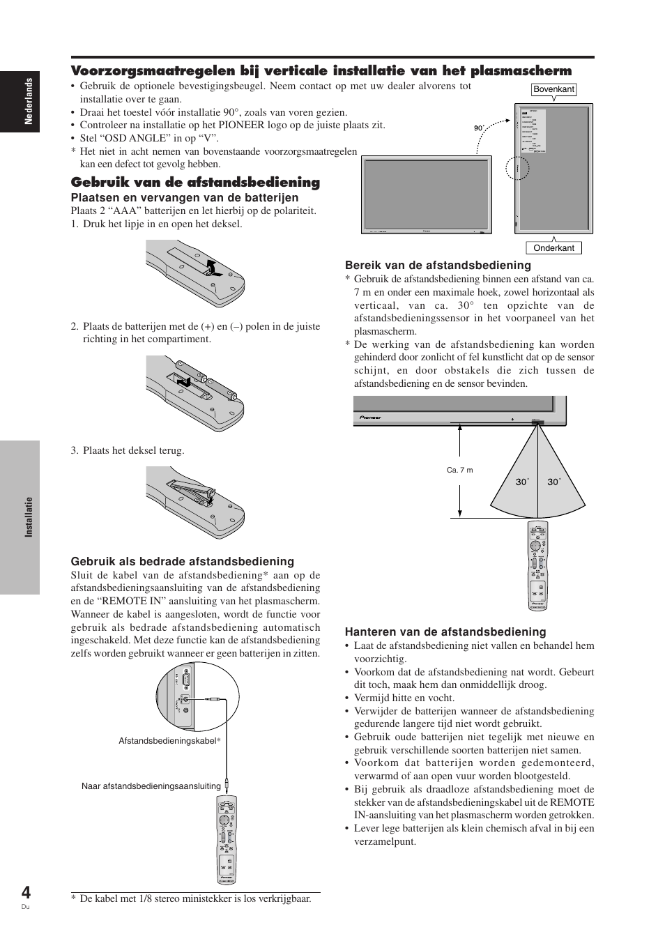 Gebruik van de afstandsbediening, Plaatsen en vervangen van de batterijen, Bereik van de afstandsbediening | Hanteren van de afstandsbediening, Gebruik als bedrade afstandsbediening | Pioneer PDP-42MVE1 User Manual | Page 230 / 259