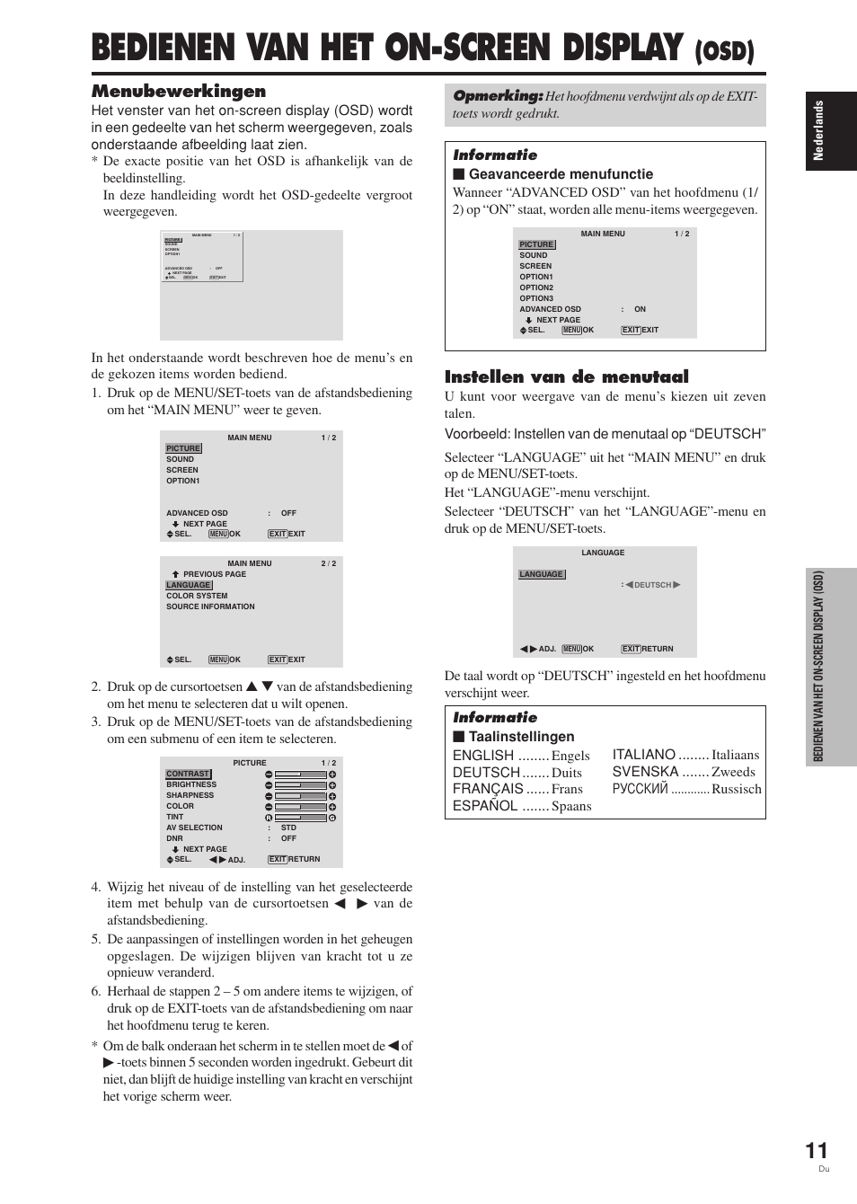 Bedienen van het on-screen display, Osd), Menubewerkingen | Instellen van de menutaal | Pioneer PDP-42MVE1 User Manual | Page 237 / 259